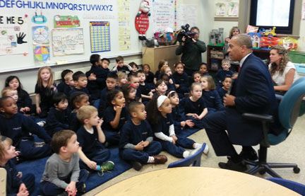 Gov. Patrick was the mystery reader at Pope John Paul II Catholic Academy-Neponset on Thursday. Photo courtesy Carla Tankle